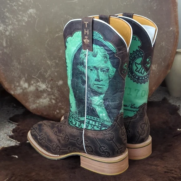 TIN HAUL men's DEUCE money themed square toe leather cowboy boot sz 13EE NWT